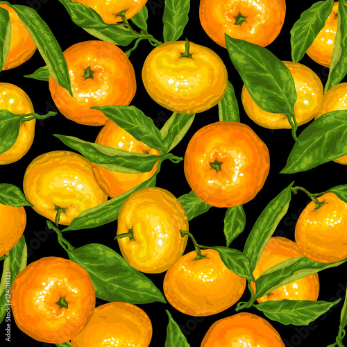 Seamless pattern with mandarins. Tropical fruits and leaves