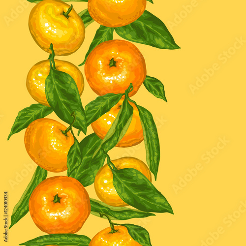 Seamless pattern with mandarins. Tropical fruits and leaves