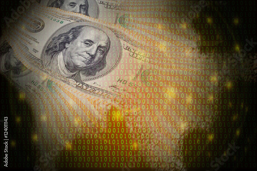 Fintech and Coded money concept image.  Double exposured of abstract US dollar bank note and abstract binary code background.