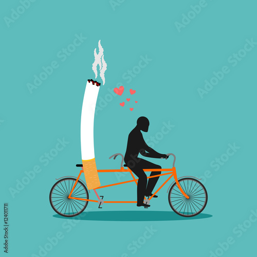 Lover smoke. Man and cigarette on bicycle. Smoker on tandem. Nic