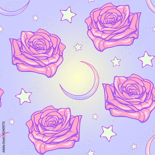Kawaii Roses stars and moon crescent. Festive seamless pattern. Pastel goth palette. Cute girly gothic style art. EPS10 vector illustration