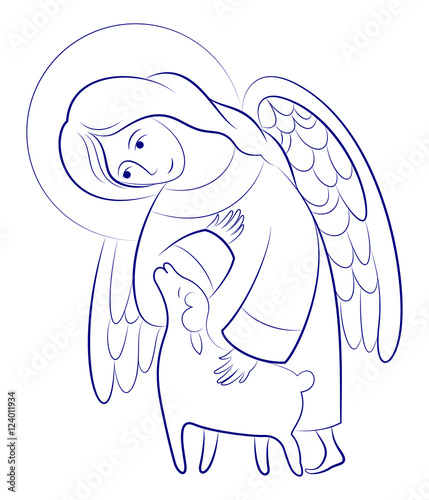 Kind Angel with lamb, hand drawing, stencil, Christmas illustration, vector