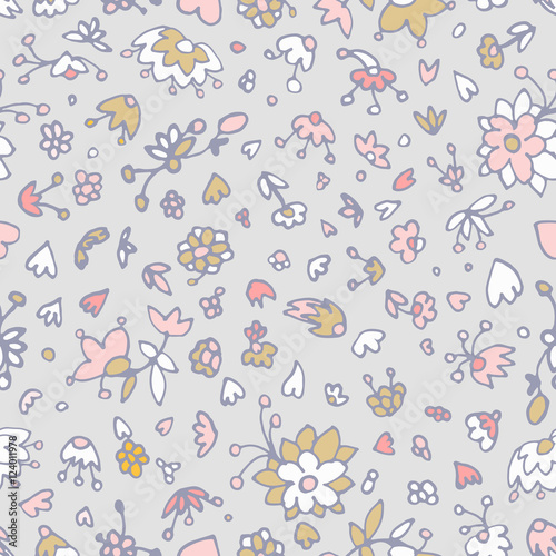 Vector floral pattern in doodle style with flowers  leaves  hearts. Cute  funny  floral vector background.