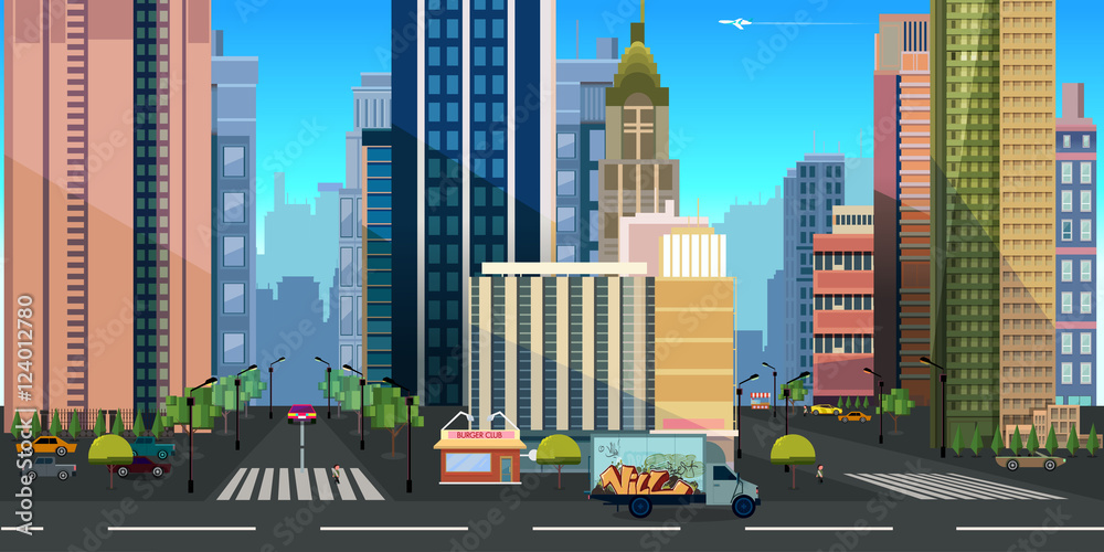 Seamless Cartoon City Landscape Vector Unending Background With Road Buildings And Sky Layers Stock Vector Adobe Stock