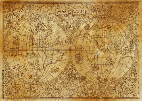Vintage illustration of ancient atlas map of world on old paper