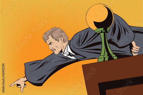 Angry judge shows a finger from the podium.