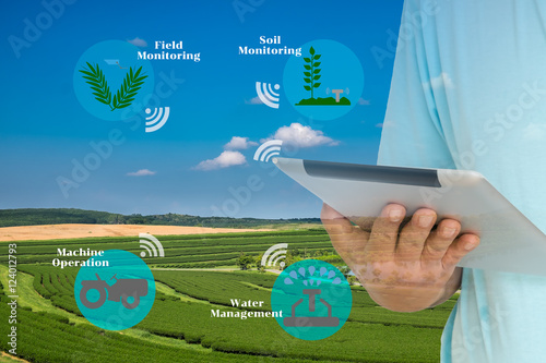 Smart Agriculture and Internet of things in agriculture concept. Farmer using digital tablet to monitor conditions from wireless sensor network in agricultural field.