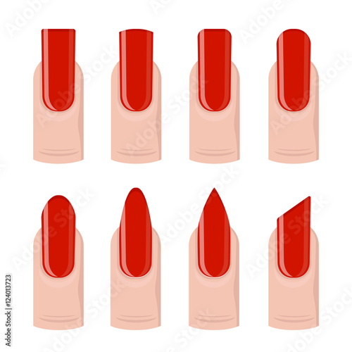 Vector set of different nails shape, manicure style. Beauty spa salon illustration with red colored fingernails for women and girls