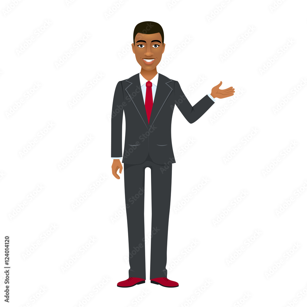 Young afro american businessman in suit pointing his hand and open smiling. Vector cartoon character on white background. Young afro american businessman in suit pointing his hand and open smiling. Vector cartoon character on white background.