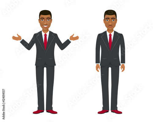  Young afro american businessman in suit in two different  poses and emotions. Vector cartoon character on white background.