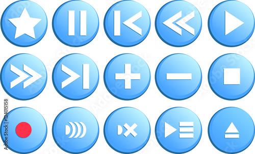Media player buttons in vector collection. Media buttons in blue color.