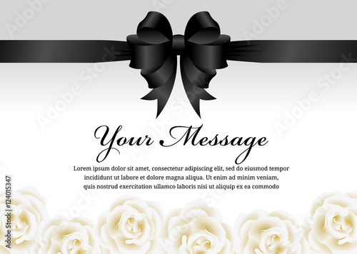 Funeral card - Black ribbon bow and white rose flower vector design