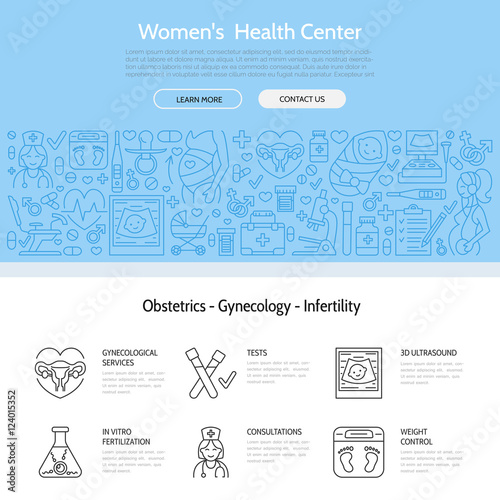Modern vector line icon of pregnancy, fertility, obstetrics. Women health center. Gynecology element: chair, check up, doctor, ultrasound, baby, pregnant. Linear medical template for brochure, poster.
