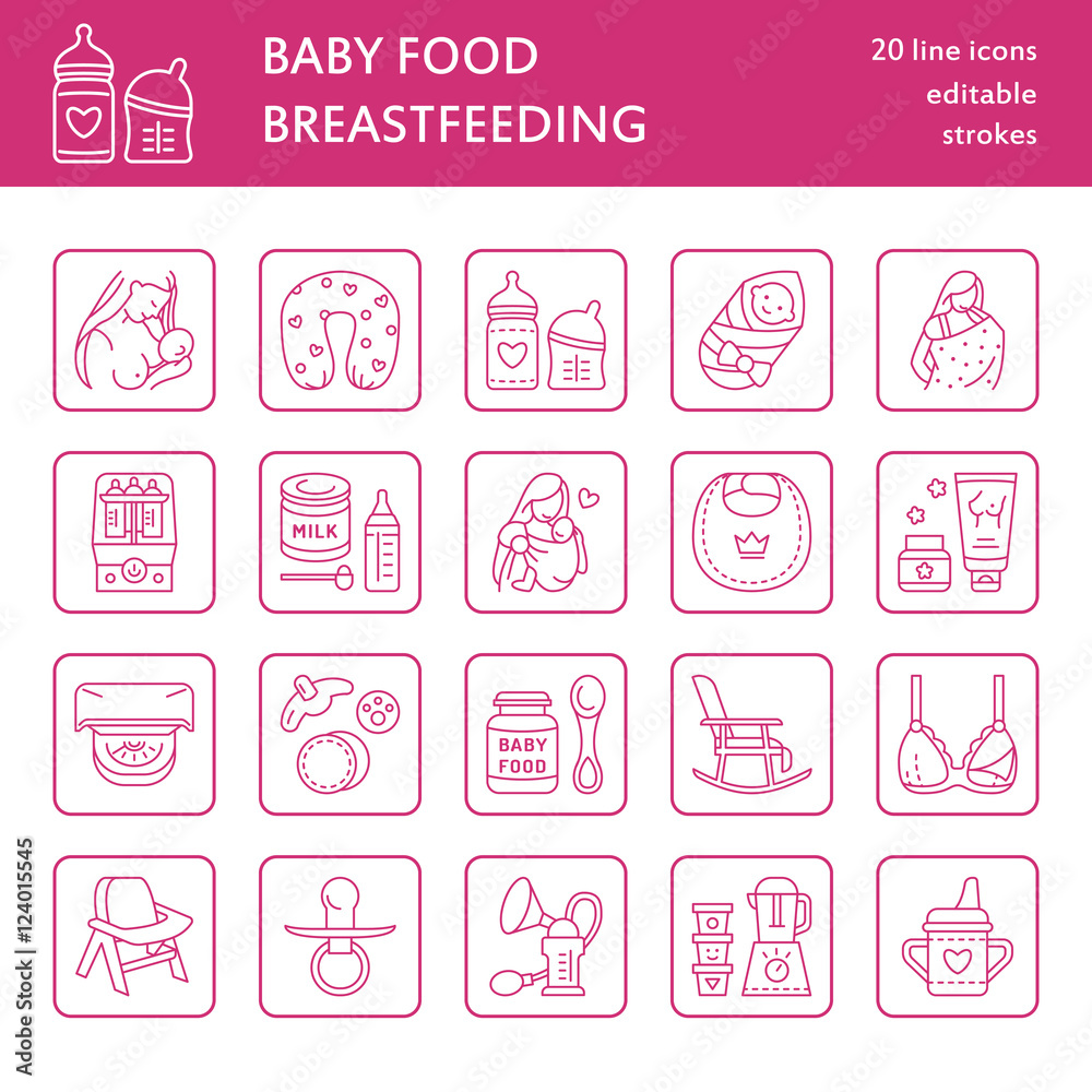 Modern vector line icon of breast feeding, baby infant food. Nursery elements - breast pump, woman, child, powdered milk, bottle sterilizer, baby. Linear pictogram for site, brochure