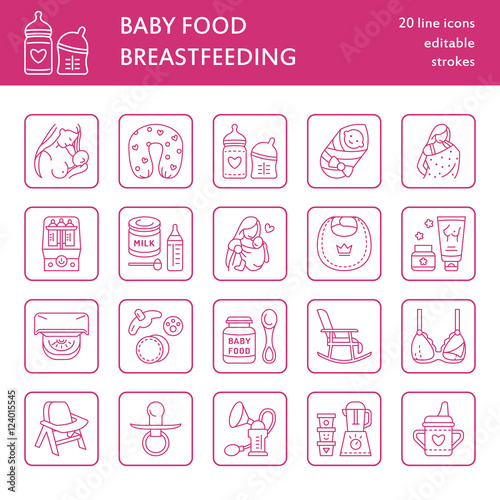 Modern vector line icon of breast feeding, baby infant food. Nursery elements - breast pump, woman, child, powdered milk, bottle sterilizer, baby. Linear pictogram for site, brochure