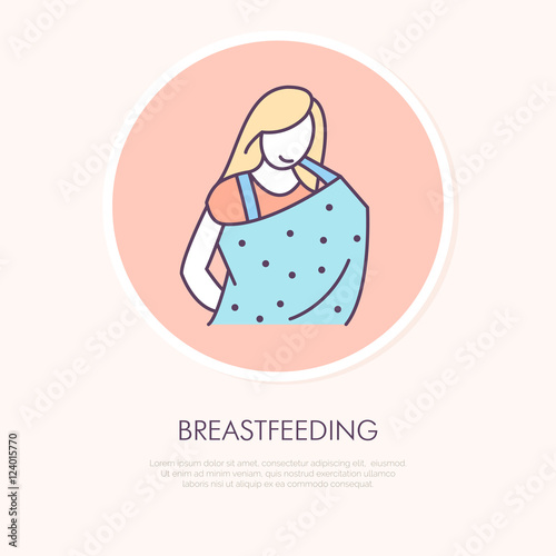 Modern vector line icon of public breastfeeding. Linear illustration of mothers breast milk. Outline nursing cape symbol. Breast feeding, baby food.