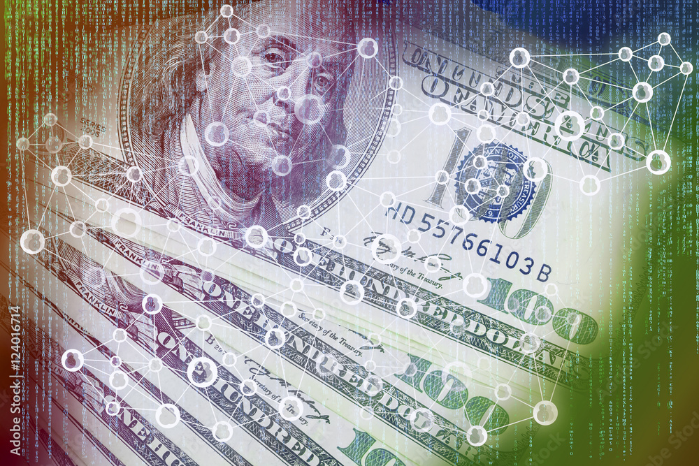 Fototapeta premium Cyptocurrency or digital money concept image. Double exposure of US Dollar banknotes, and abstract digital code background, Representing the Fintech innovation.