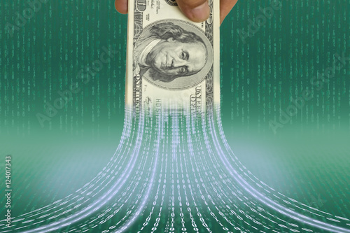 FINTEC concept image. US bank note with binary code on abstract digital code background.