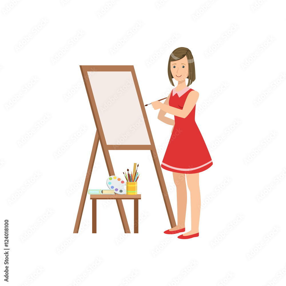 Woman Painter In Red Dress, Creative Person Illustration