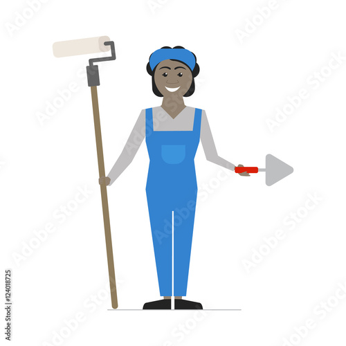 Woman worker. Woman painter plasterer holds tools in hands. Vector