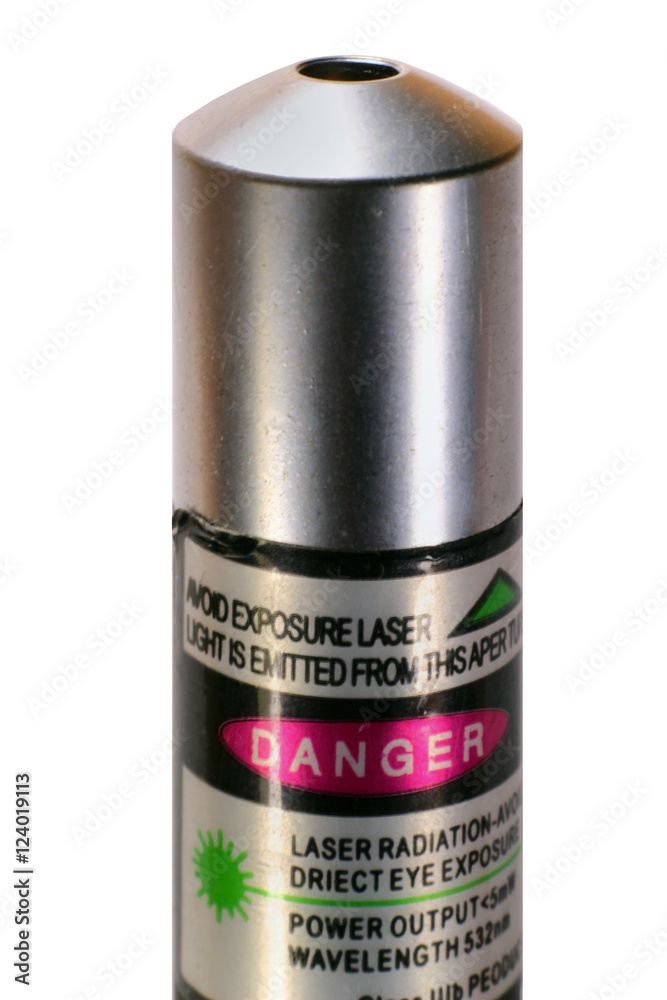 Green laser pointer with warning label isolated on white Green laser pointer with warning label isolated on white