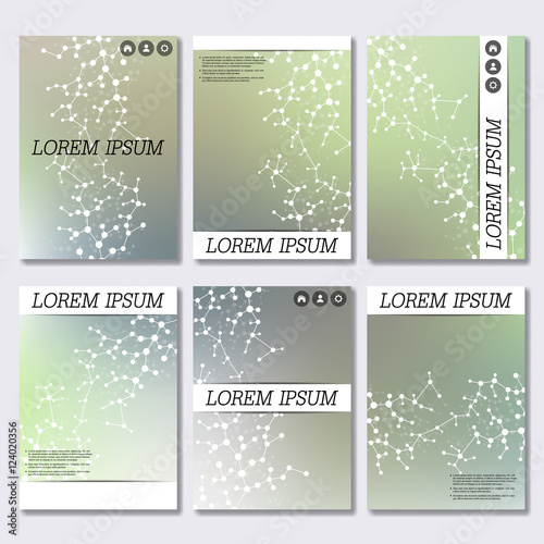 Set of business templates for brochure, flyer, cover magazine in A4 size. Structure molecule DNA and neurons. Geometric abstract background. Medicine, science, technology. Vector illustration.
