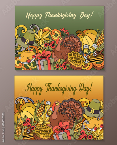 Cartoon vector hand-drawn Doodle Happy Thanksgiving Day cards. photo