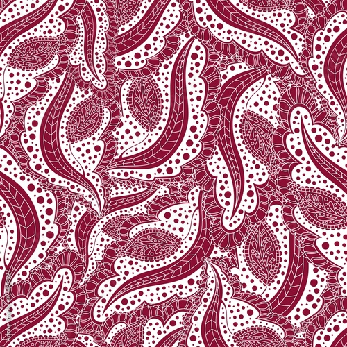 Abstract seamless floral pattern. Burgundy background, scrollwork, leaves.