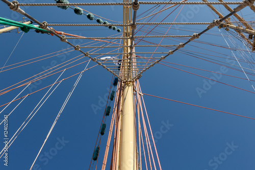 Colorful mast and rigging of an old sailboat