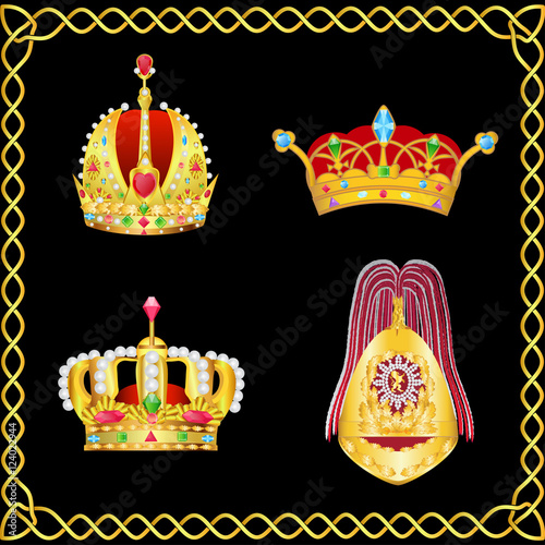 Set of royal crowns and ceremonial cavalry imperial hat with fea