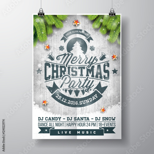 Vector Merry Christmas Party design with holiday typography elements and shiny stars on vintage wood background.