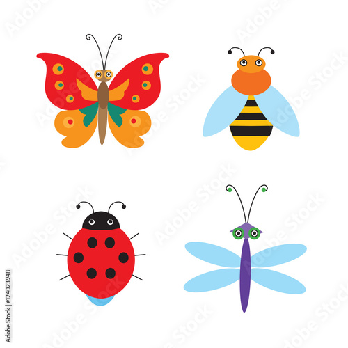 Set Of Simple Flying Bugs. Vector Ladybug. Vector Dragonfly. Vector Butterfly. Vector Bee. Cartoon Bugs For Children. Insects Toys. © kotjarko