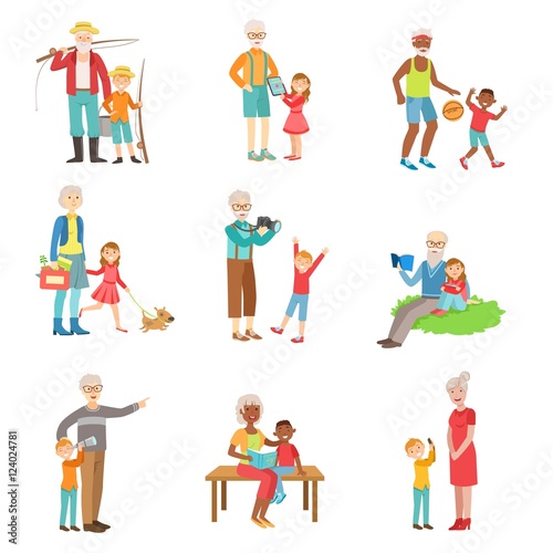 Grandparents And Kids Spending Time Together Set Of Illustrations