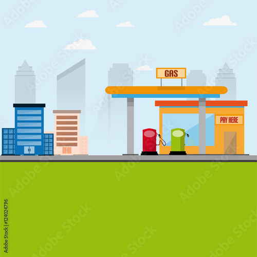 City Concept With Building And Skyscrapers And Gas Station