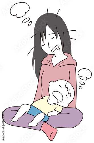 疲れて寝る母親と子供