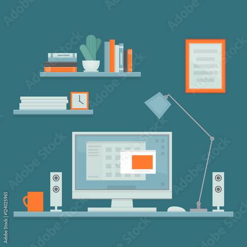 Workplace freelancer with desk, computer, shelves and equipment.