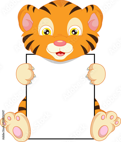 cute baby tiger cartoon and blank sign