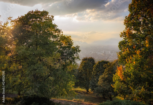 Turin, scenic view at sunset with autumn colors