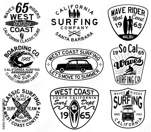 Vector California surfing badges in black and white for t shirt print or embroidery