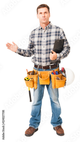 Full-length construction worker building contractor carpenter tradesman gesturing showing explaining isolated on white background