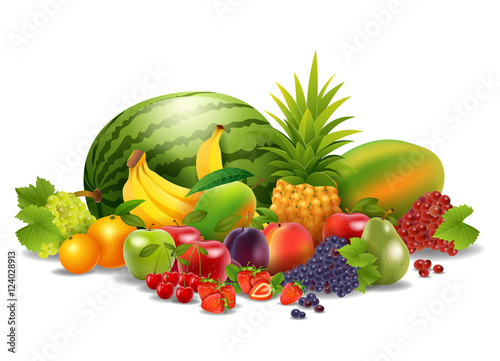 Fresh juicy fruit and berries isolated on white background.