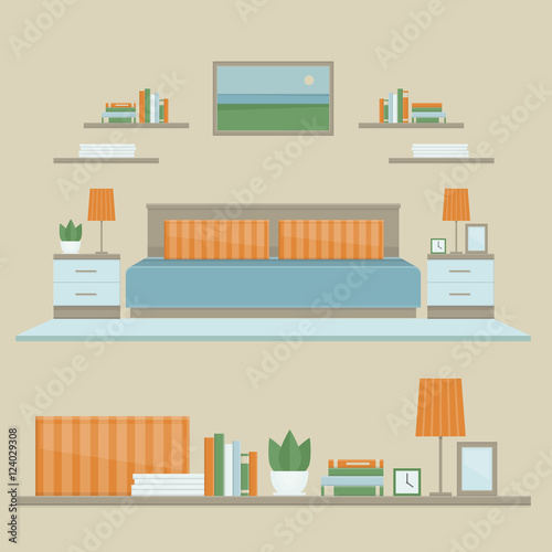 Bedroom modern interior and shelves with belongings. Front view interior set. Flat design style, vector illustration.