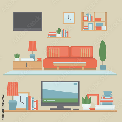 Living room modern interior and shelves with belongings. Front view interior set. Flat design style, vector illustration.