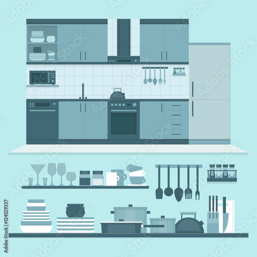 Kitchen interior and shelves with dishes and cooking utensils. Front view interior set. Flat design style, vector illustration.