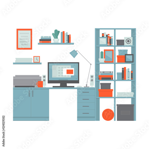 Workplace freelancer with desk, computer, shelves and equipment. Workspace. Home office. Work room modern interior. Flat design style, vector illustration. Isolated on white background.