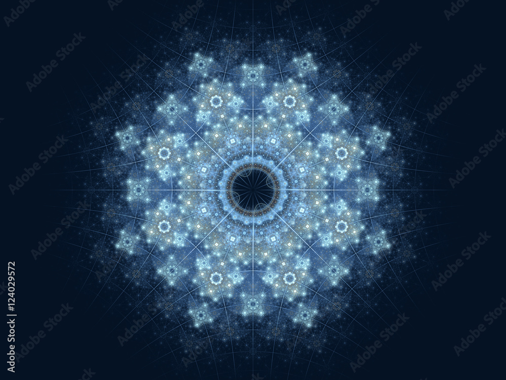 Obraz premium Winter, snow, frosty fractal pattern on a dark blue background
