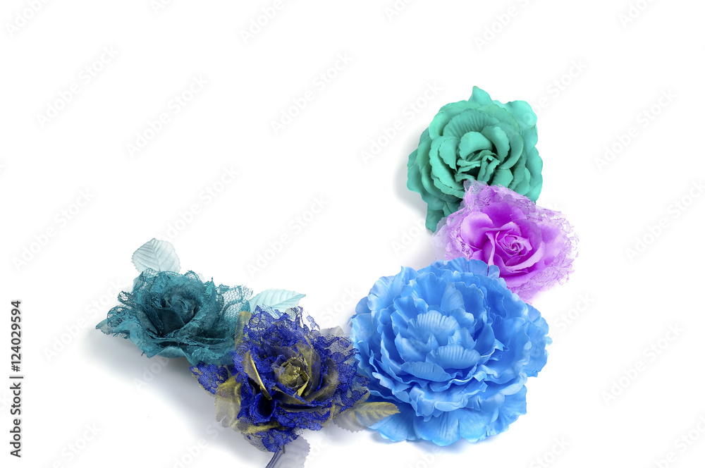 Floristics - blue artificial flowers on white background Floristics - blue artificial flowers on white background