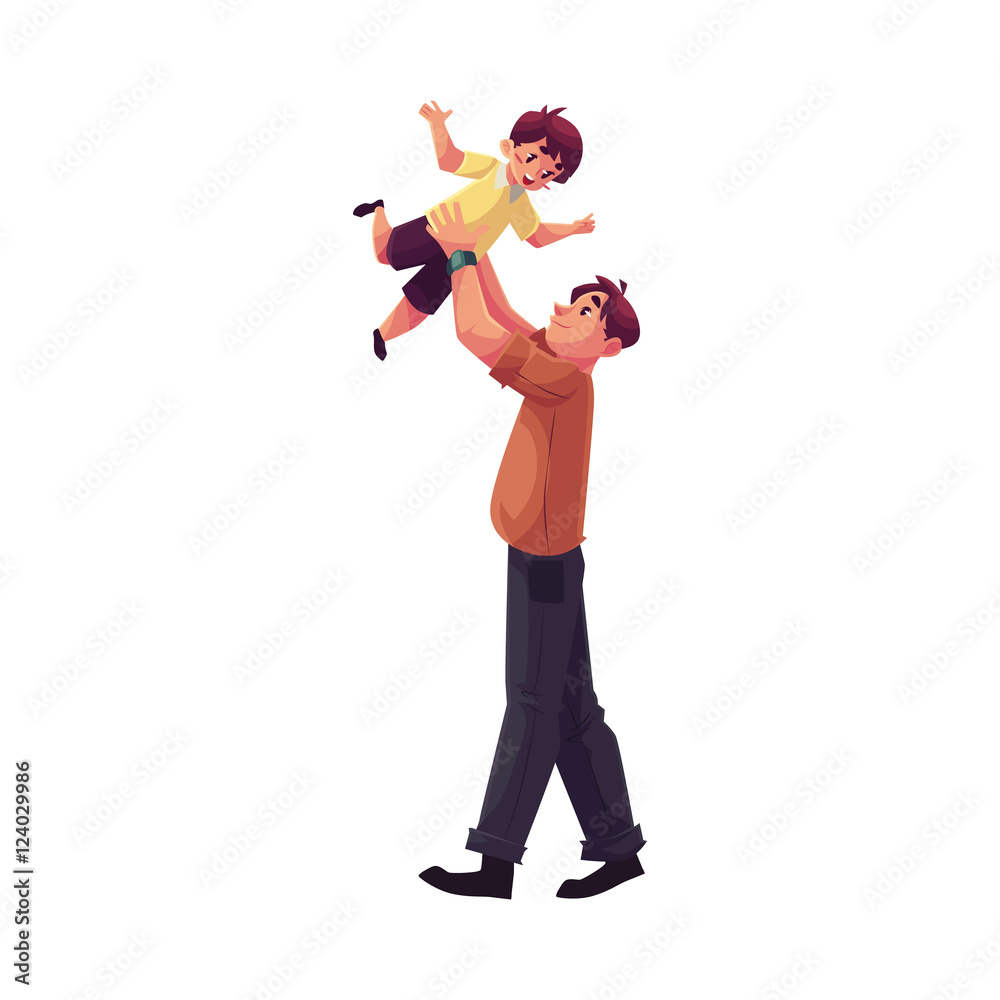 Father throwing his son into the air, cartoon vector illustrations isolated on white background