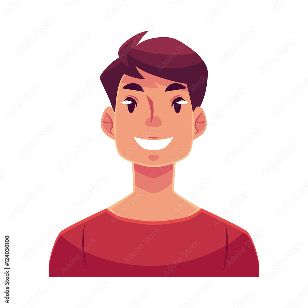 Young man face, smiling facial expression, cartoon vector illustrations  isolated on white background. Handsome boy emoji with wide smile, white  teeth. Happy, glad, smiling face expression Stock Vector | Adobe Stock