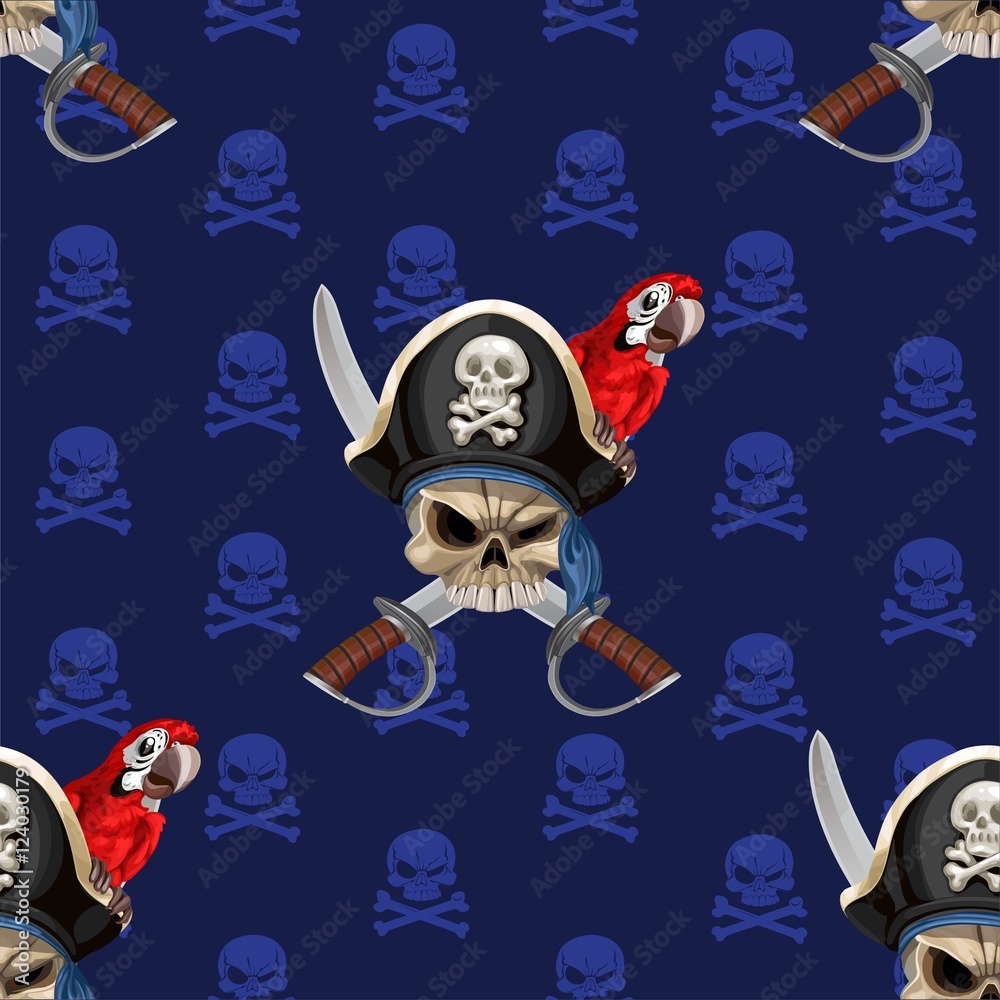 Blue seamless background wirh Jolly Roger in hat with parrot Stock ...
